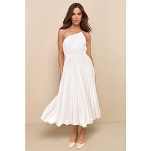 Lulus Alluring Marvel Ivory Pleated Satin One Shoulder Midi Dress Size Small NWT